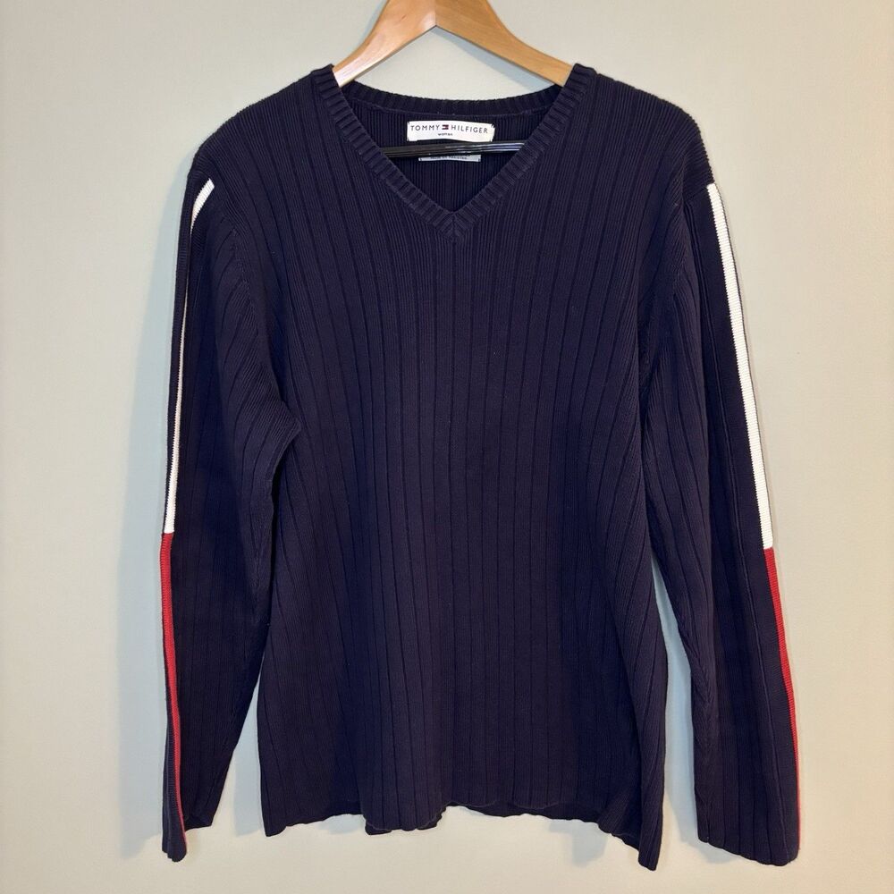 Y2K Vintage Tommy Hilfiger Sweater Womens V Neck Navy Preppy Old Money Oversized